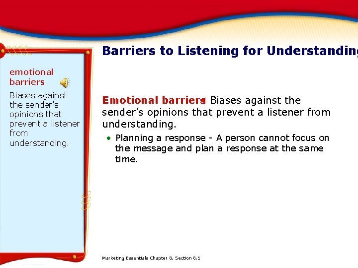 Barriers to Listening for Understanding emotional barriers Biases against the sender’s opinions that prevent