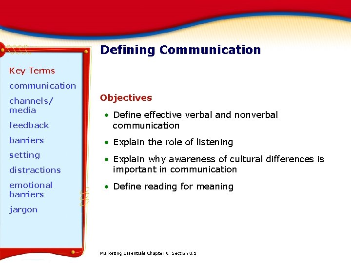 Defining Communication Key Terms communication channels/ media Objectives feedback • Define effective verbal and