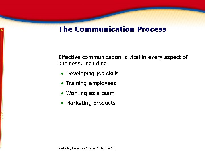 The Communication Process Effective communication is vital in every aspect of business, including: •