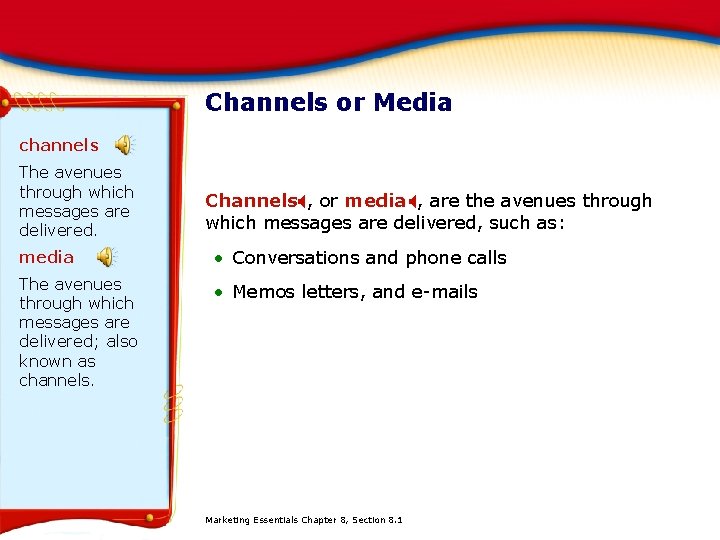 Channels or Media channels The avenues through which messages are delivered. Channels. X, or