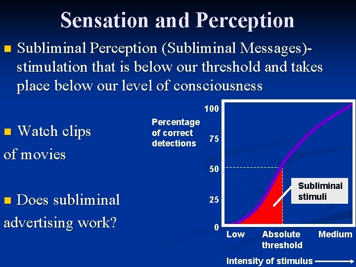Sensation and Perception n Subliminal Perception (Subliminal Messages)stimulation that is below our threshold and