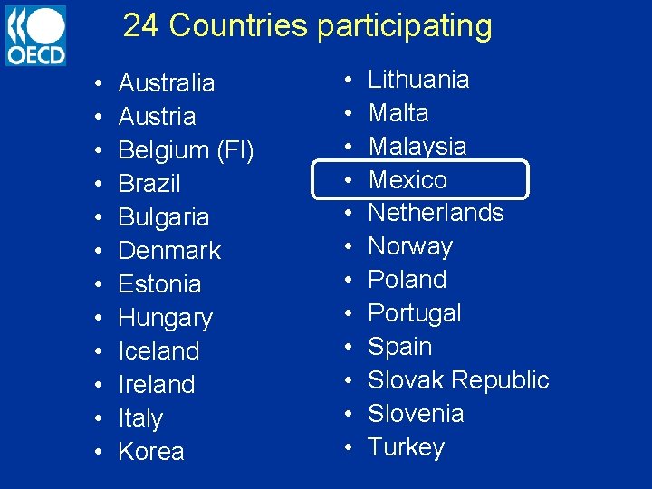 24 Countries participating • • • Australia Austria Belgium (Fl) Brazil Bulgaria Denmark Estonia