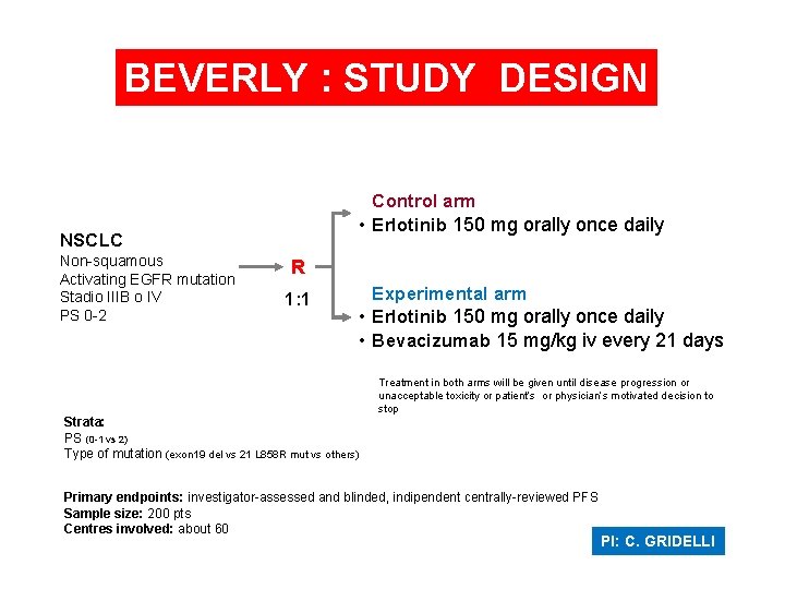 BEVERLY : STUDY DESIGN Control arm • Erlotinib 150 mg orally once daily NSCLC