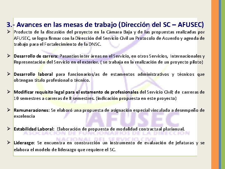 3. - Avances en las mesas de trabajo (Dirección del SC – AFUSEC) Ø