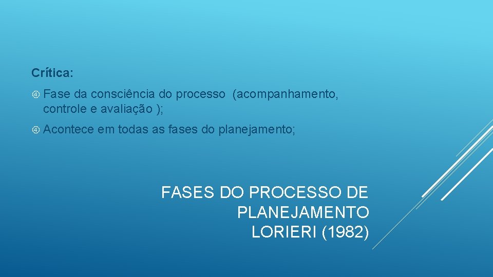 Crítica: Fase da consciência do processo (acompanhamento, controle e avaliação ); Acontece em todas