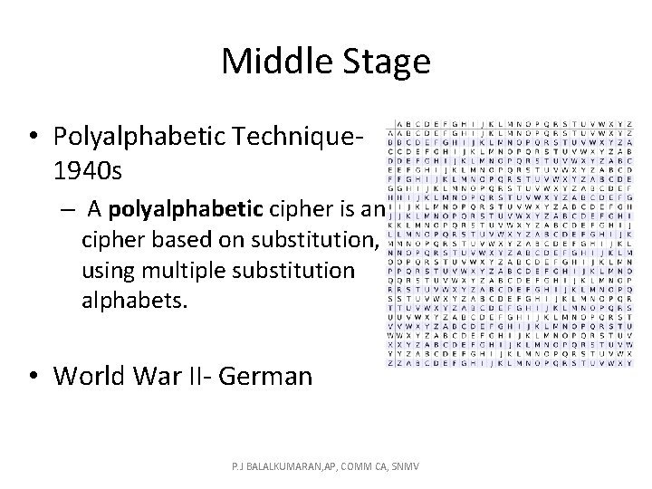 Middle Stage • Polyalphabetic Technique 1940 s – A polyalphabetic cipher is any cipher