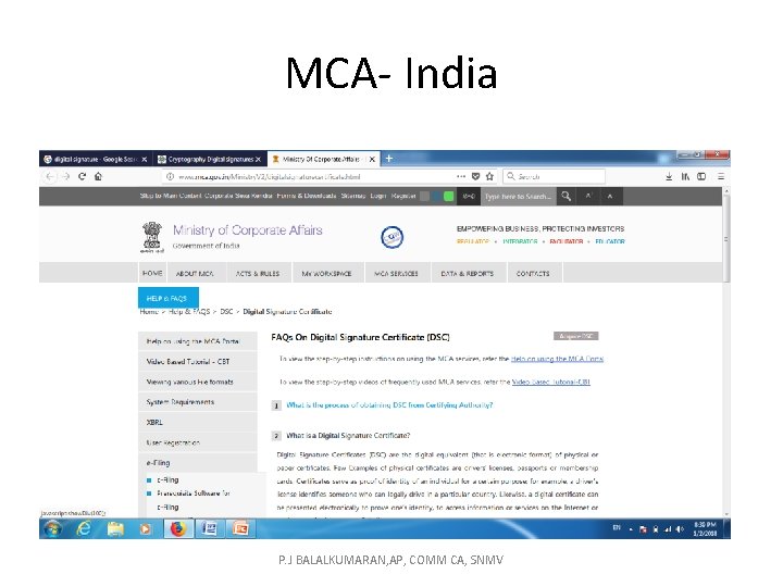 MCA- India P. J BALALKUMARAN, AP, COMM CA, SNMV 