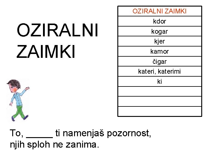 OZIRALNI ZAIMKI kdor kogar kjer kamor čigar kateri, katerimi ki To, _____ ti namenjaš