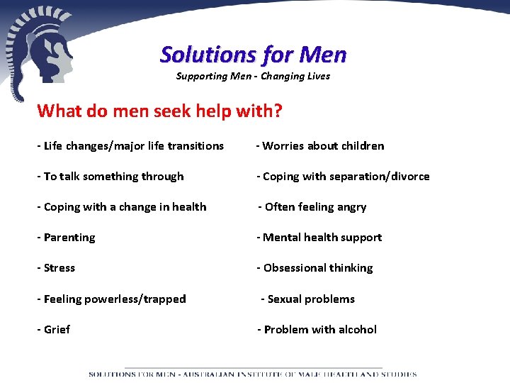Solutions for Men Supporting Men - Changing Lives What do men seek help with?