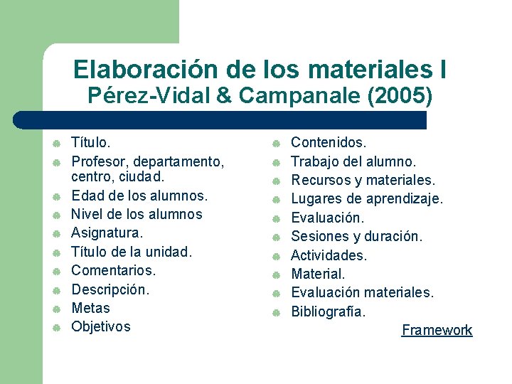 Elaboración de los materiales I Pérez-Vidal & Campanale (2005) | | | | |