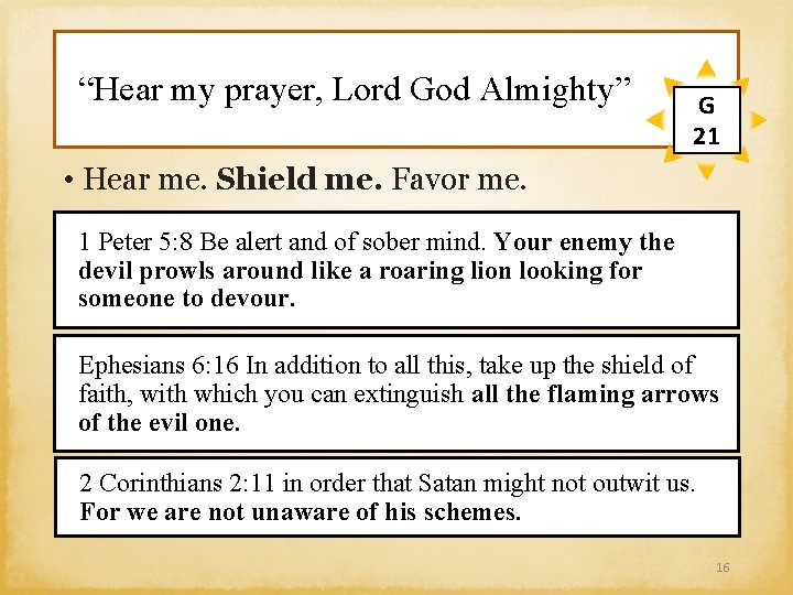 “Hear my prayer, Lord God Almighty” G 21 • Hear me. Shield me. Favor
