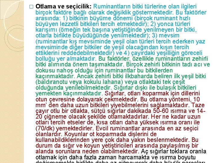 � Otlama ve seçicilik: Ruminantların bitki türlerine olan ilgileri birçok faktöre bağlı olarak değişiklik