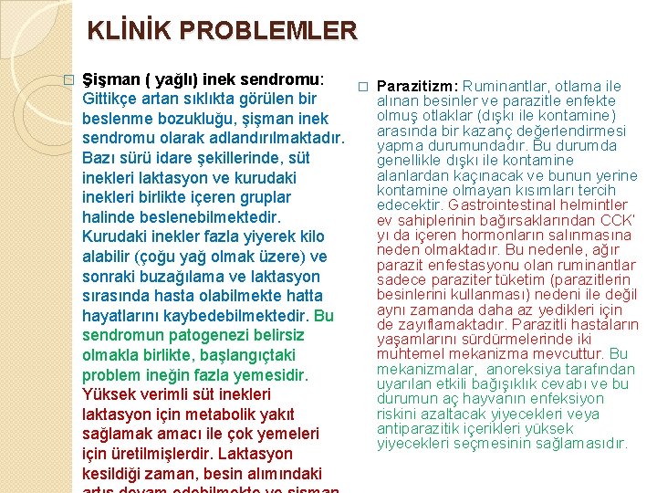 KLİNİK PROBLEMLER � Şişman ( yağlı) inek sendromu: Gittikçe artan sıklıkta görülen bir beslenme