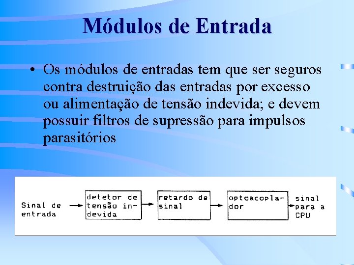 Módulos de Entrada • Os módulos de entradas tem que ser seguros contra destruição