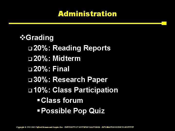 Administration v. Grading q 20%: Reading Reports q 20%: Midterm q 20%: Final q