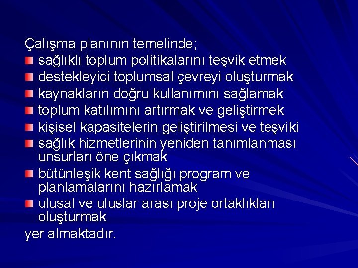 Çalışma planının temelinde; sağlıklı toplum politikalarını teşvik etmek destekleyici toplumsal çevreyi oluşturmak kaynakların doğru