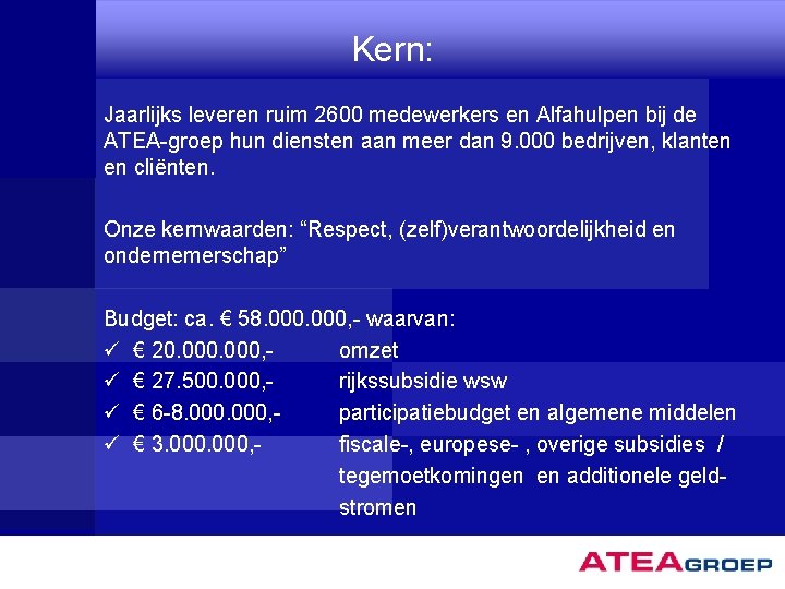 Kern: Jaarlijks leveren ruim 2600 medewerkers en Alfahulpen bij de ATEA-groep hun diensten aan