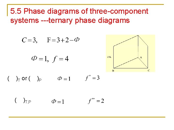 5. 5 Phase diagrams of three-component systems ---ternary phase diagrams ( )T or (