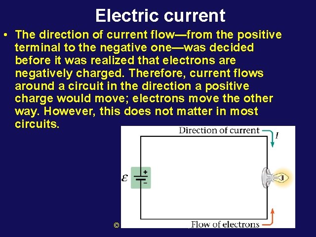 Electric current • The direction of current flow—from the positive terminal to the negative