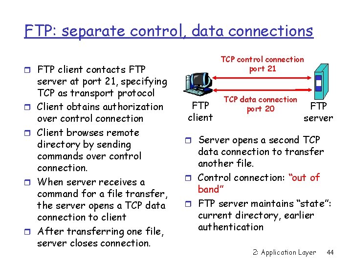 FTP: separate control, data connections TCP control connection port 21 r FTP client contacts