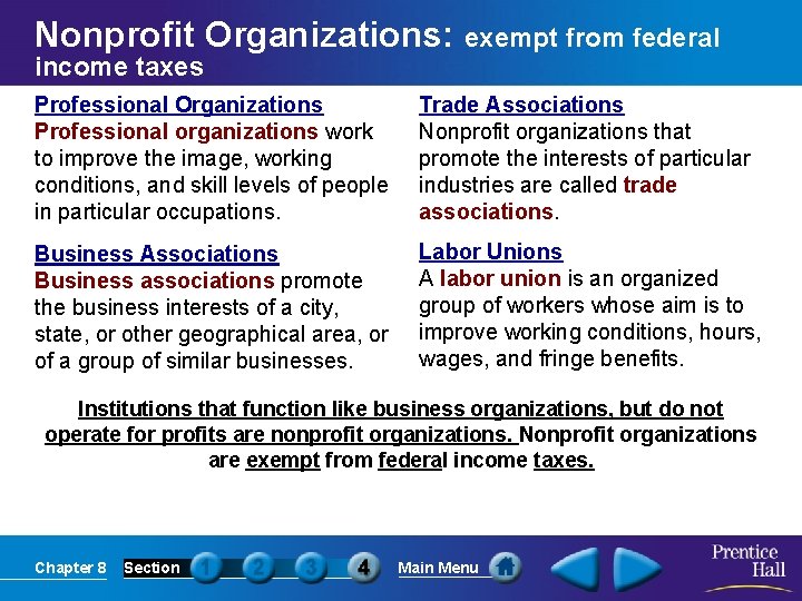 Nonprofit Organizations: exempt from federal income taxes Professional Organizations Professional organizations work to improve