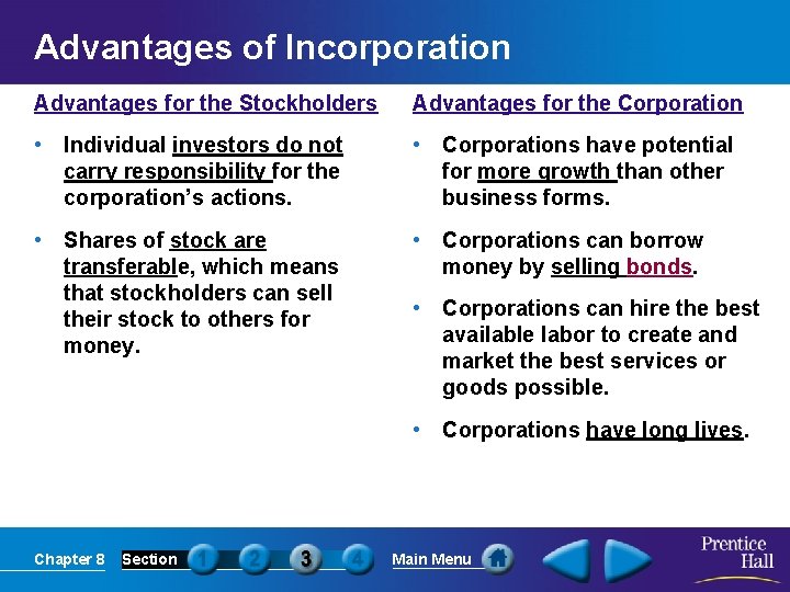 Advantages of Incorporation Advantages for the Stockholders Advantages for the Corporation • Individual investors