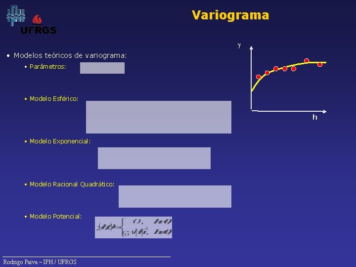 Variograma g • Modelos teóricos de variograma: • Parâmetros: • Modelo Esférico: h •