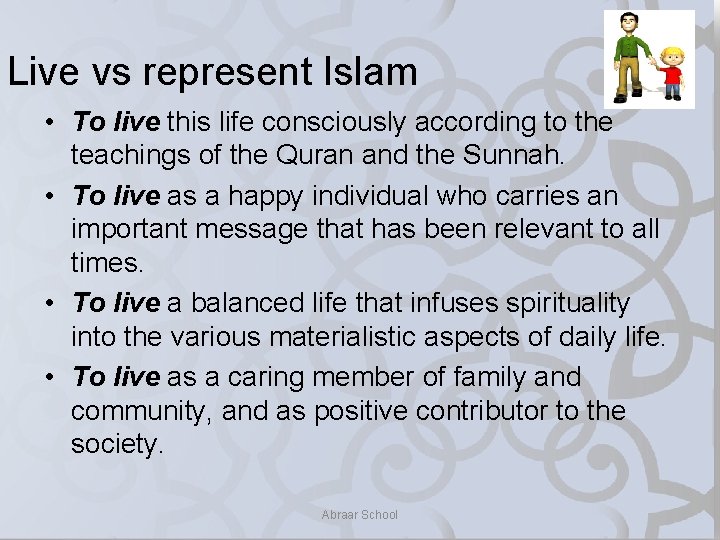 Live vs represent Islam • To live this life consciously according to the teachings