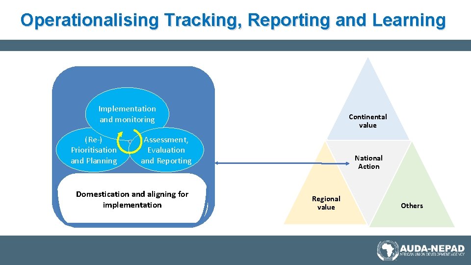 Operationalising Tracking, Reporting and Learning Implementation and monitoring (Re-) Prioritisation and Planning Continental value