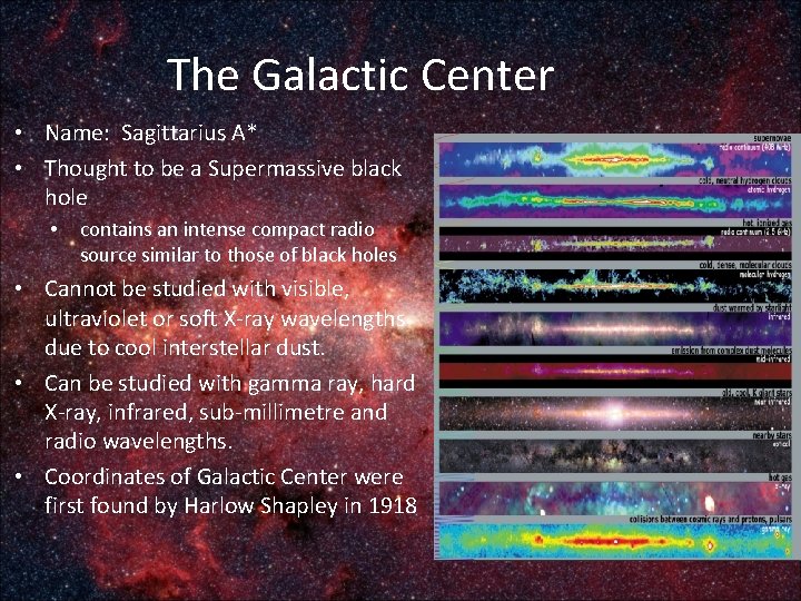 The Galactic Center • Name: Sagittarius A* • Thought to be a Supermassive black