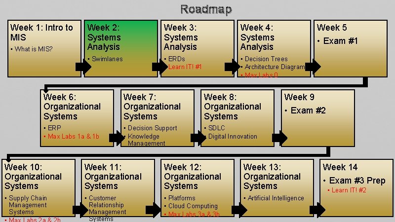 Roadmap Week 1: Intro to MIS • What is MIS? Week 2: Systems Analysis