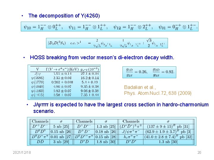  • The decomposition of Y(4260) • HQSS breaking from vector meson’s di-electron decay