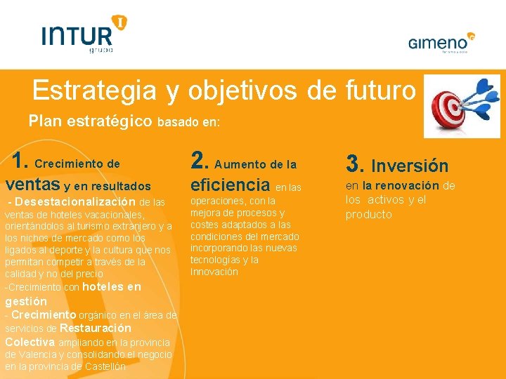 Estrategia y objetivos de futuro Plan estratégico basado en: 1. Crecimiento de 2. Aumento