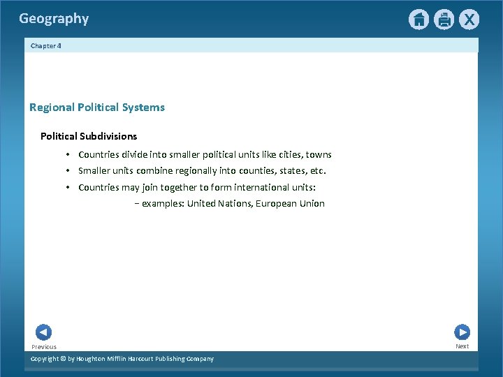 Geography Chapter 4 Regional Political Systems Political Subdivisions • Countries divide into smaller political