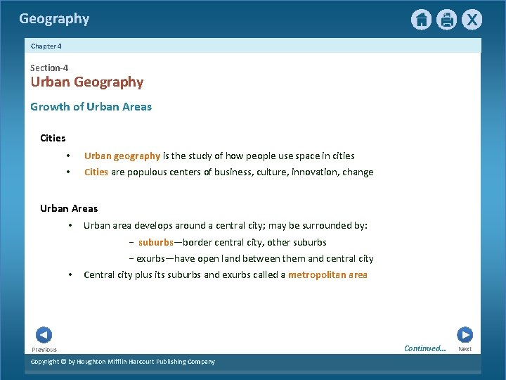 Geography Chapter 4 Section-4 Urban Geography Growth of Urban Areas Cities • Urban geography