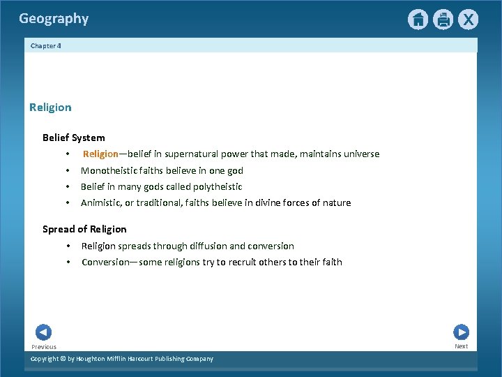 Geography Chapter 4 1 Religion Belief System • Religion—belief in supernatural power that made,