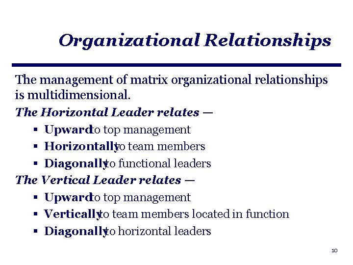 Organizational Relationships The management of matrix organizational relationships is multidimensional. The Horizontal Leader relates