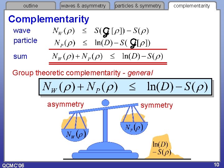 outline waves & asymmetry particles & symmetry complementarity Complementarity wave particle sum Group theoretic