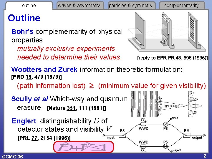 outline waves & asymmetry particles & symmetry complementarity Outline Bohr’s complementarity of physical properties