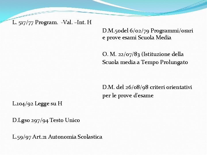 L. 517/77 Program. -Val. –Int. H D. M. 50 del 6/02/79 Programmi/orari e prove