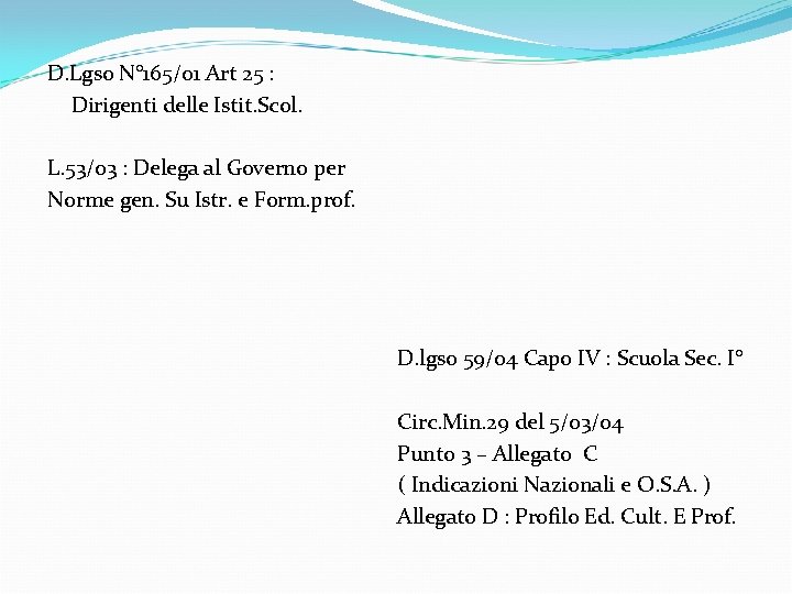 D. Lgso N° 165/01 Art 25 : Dirigenti delle Istit. Scol. L. 53/03 :