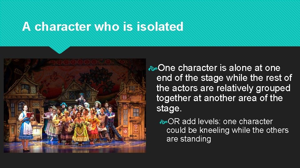 A character who is isolated One character is alone at one end of the