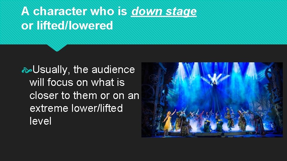 A character who is down stage or lifted/lowered Usually, the audience will focus on