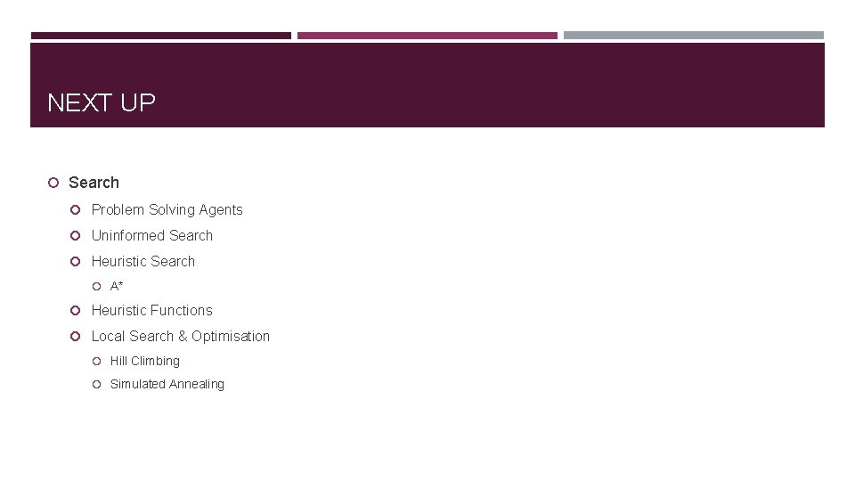 NEXT UP Search Problem Solving Agents Uninformed Search Heuristic Search A* Heuristic Functions Local