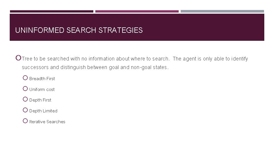 UNINFORMED SEARCH STRATEGIES Tree to be searched with no information about where to search.