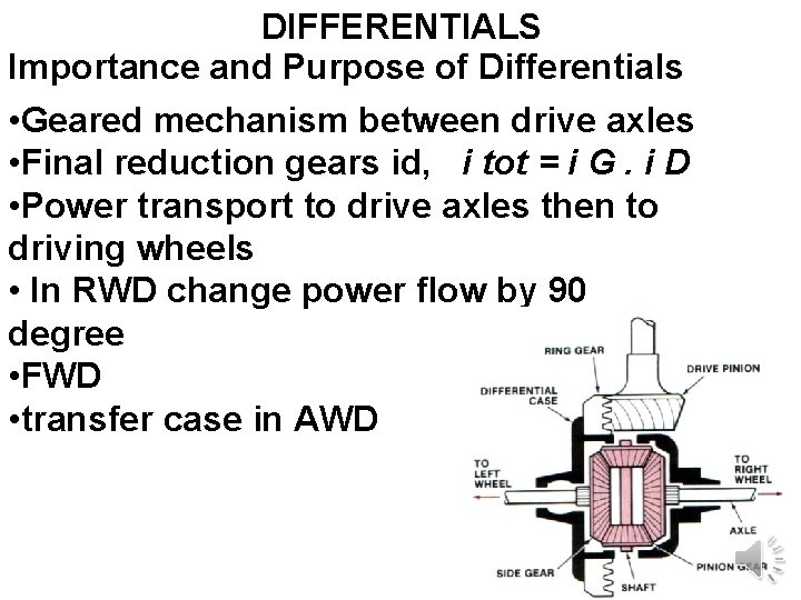 DIFFERENTIALS Importance and Purpose of Differentials • Geared mechanism between drive axles • Final