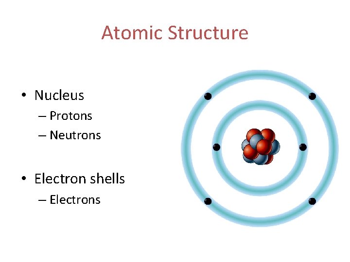 Atomic Structure • Nucleus – Protons – Neutrons • Electron shells – Electrons 