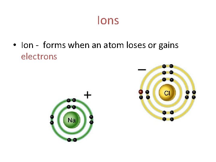 Ions • Ion - forms when an atom loses or gains electrons 