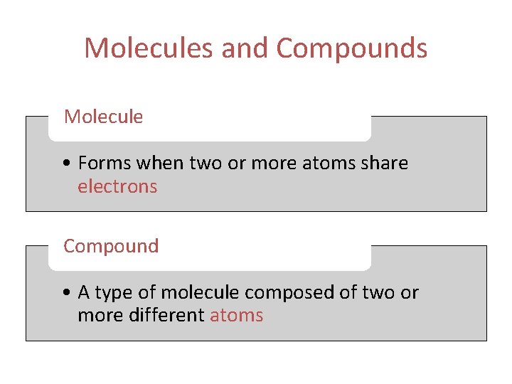 Molecules and Compounds Molecule • Forms when two or more atoms share electrons Compound