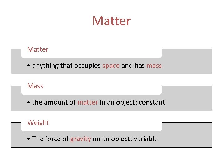 Matter • anything that occupies space and has mass Mass • the amount of